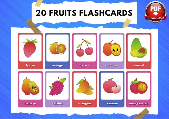 20 Fruits flashcards, Montessori flashcards, Pre-School Cards, Educational  Cards