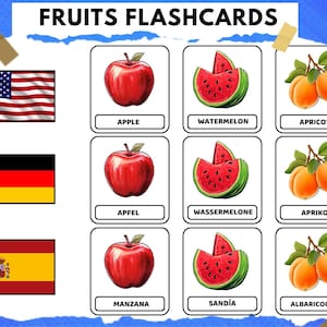 Fruits cards In three languages • Editable Montessori Cards • Flash Cards Nomenclature Printable Cards preschool Toys.