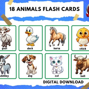 18 Animals Flash Cards, Montessori Materials, Educational Printable Cards, Zoo Animals Flash Cards, INSTANT DOWNLOAD