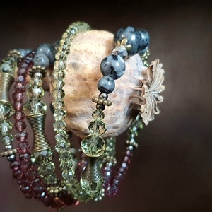 Boho wrap bracelet with labradorith gemstones in delicate green gray rose tones healing stones, unique energy bracelet by NaturalArtDesign