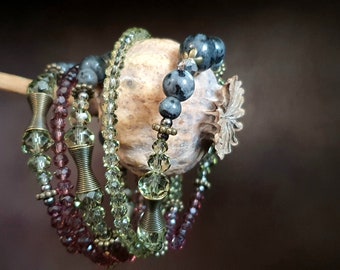 Boho wrap bracelet with labradorith gemstones in delicate green gray rose tones healing stones, unique energy bracelet by NaturalArtDesign