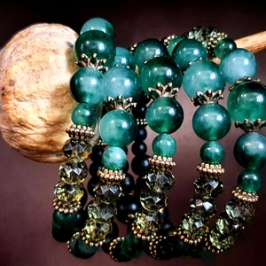 Boho wrap bracelet with chalcedony & onyx gemstones in green and black tones healing stones, unique energy bracelet by NaturalArtDesign