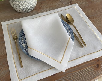 Luxurious White 100% Linen Napkins, Placemats, and Table Runner Set with Customizable Thread Embroidery; Table Linens With Frame Embroidery