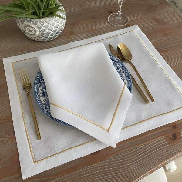 Luxurious White 100% Linen Napkins, Placemats, and Table Runner Set with Customizable Thread Embroidery; Table Linens With Frame Embroidery