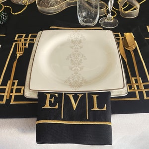 Personalized Embroidered Elegant Table Linen; Gold Initials Embroidered Napkins, Placemats and Runner; Dinner and Wedding Table Decor