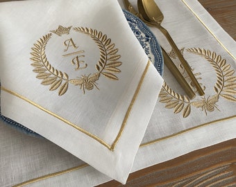 Personalized Napoleonic Bee and Laurel Monogram Frame Embroidered White 100% Linen Luxury Napkins, Placemats, and Table Runner Set;