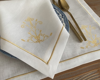 Cross With Wheat Ornament Embroidered White 100% Linen Napkins, Placemats, and Table Runner Set; Unique Religious Embroidered Table Linens