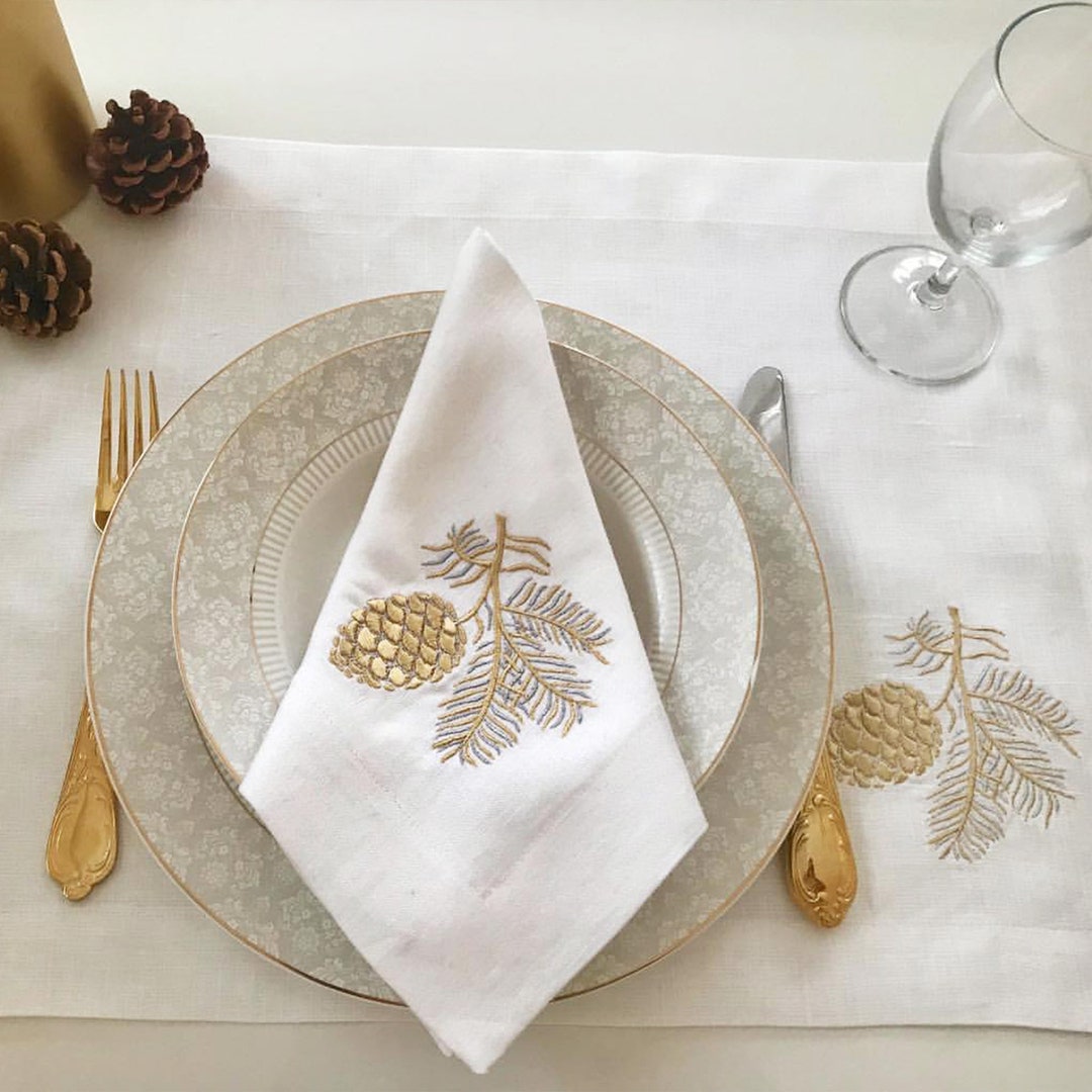 Elegant Table Linens With Christmas Pine Cone Embroidery Etsy