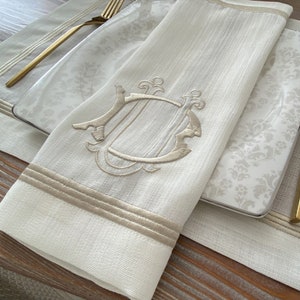Personalized Monogram Easy-Care Embroidered Table Linen; Overlapping Monograms Embroidered Napkins, Placemats and Runner; Dinner Table Decor