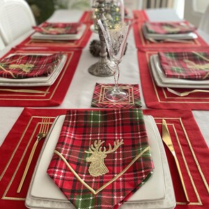 Christmas Table Linen Set Red Placemats, Tartan Plaid Napkins with Deer Embroidery, Red Coasters, Personalized Embroidered Red Table Runner image 3