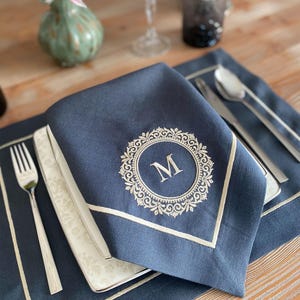 Custom Monogram Linen Napkin & Placemat Set; Personalized Embroidered Wedding Gift, Housewarming Table Decor, Elegant Table Setting
