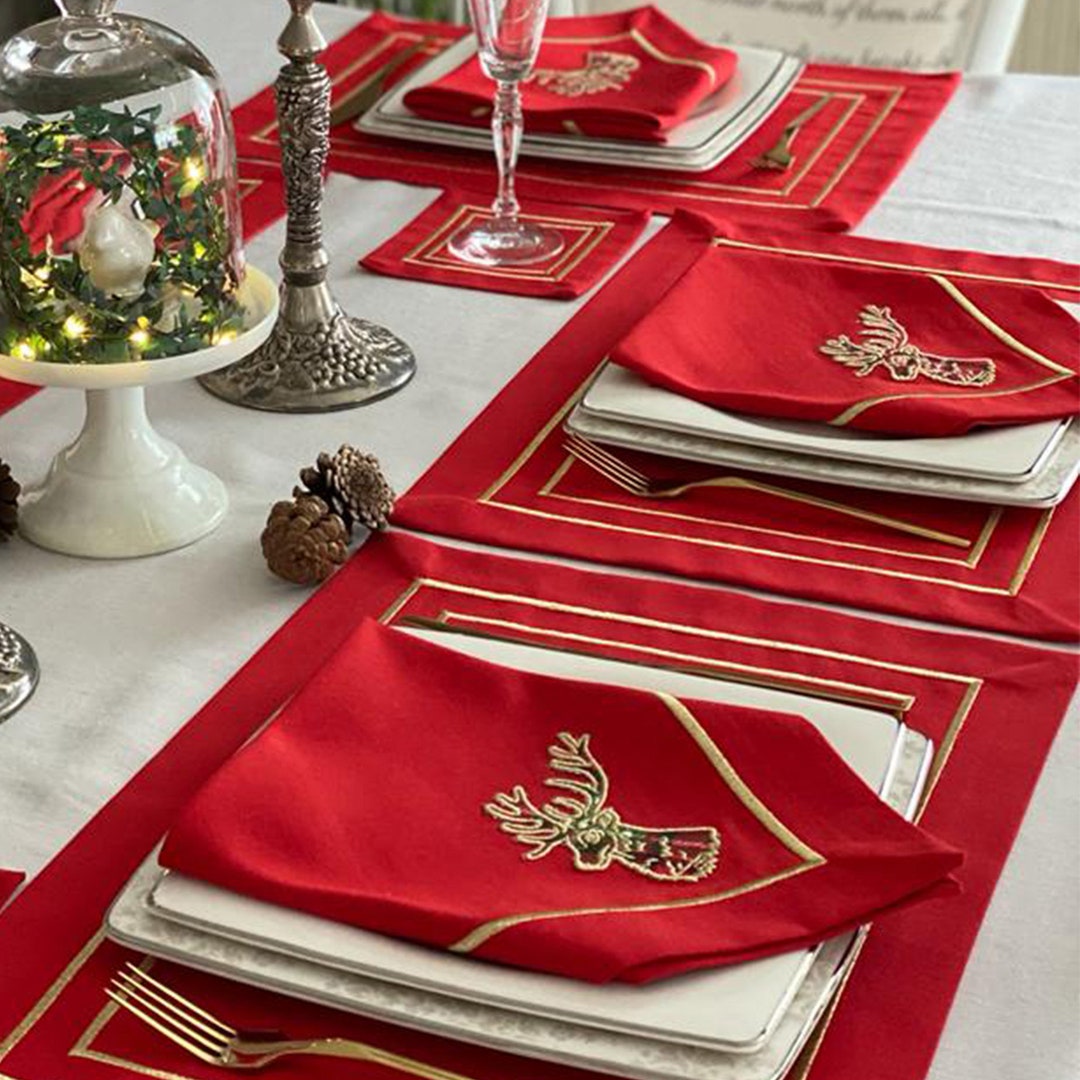 Red Table Linen With Deer Embroidery for Christmas Dining; Gold Deer ...