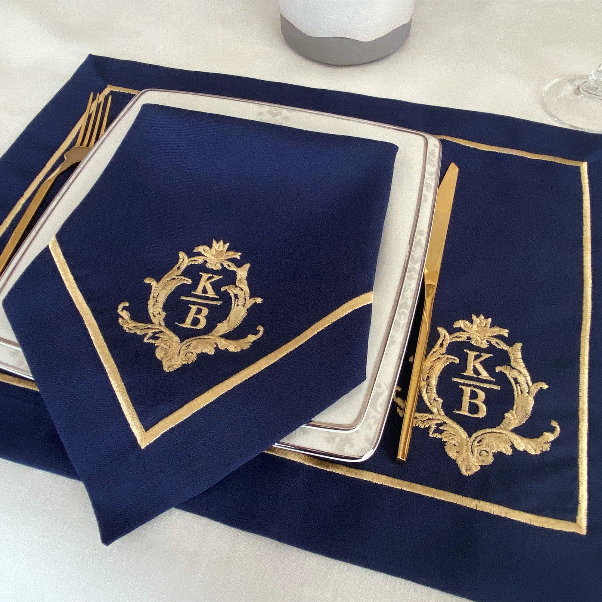 Personalized Embroidered Elegant Table Linen; Antique Rococo Monogram Embroidered Napkins, Placemats, Runner; Dinner and Wedding Table Decor