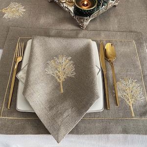 Natural Table Linen Set with Elegant Tree Pattern Embroidery; Tree Embroidered Napkins, Placemats, and Table Runner; Dinner Table Decor;