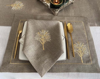 Natural Table Linen Set with Elegant Tree Pattern Embroidery; Tree Embroidered Napkins, Placemats, and Table Runner; Dinner Table Decor;