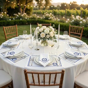 Personalized Blue Floral Crest Monogrammed 100% Off-White Linen Napkins, Placemats and Table Runner Set