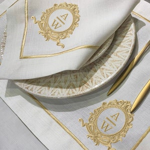 Personalized Embroidered Table Linen; Antique Rococo Monogram Frame Embroidered Napkins, Placemats, Runner; Dinner and Wedding Table Decor