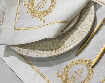 Personalized Embroidered Table Linen; Antique Rococo Monogram Frame Embroidered Napkins, Placemats, Runner; Dinner and Wedding Table Decor