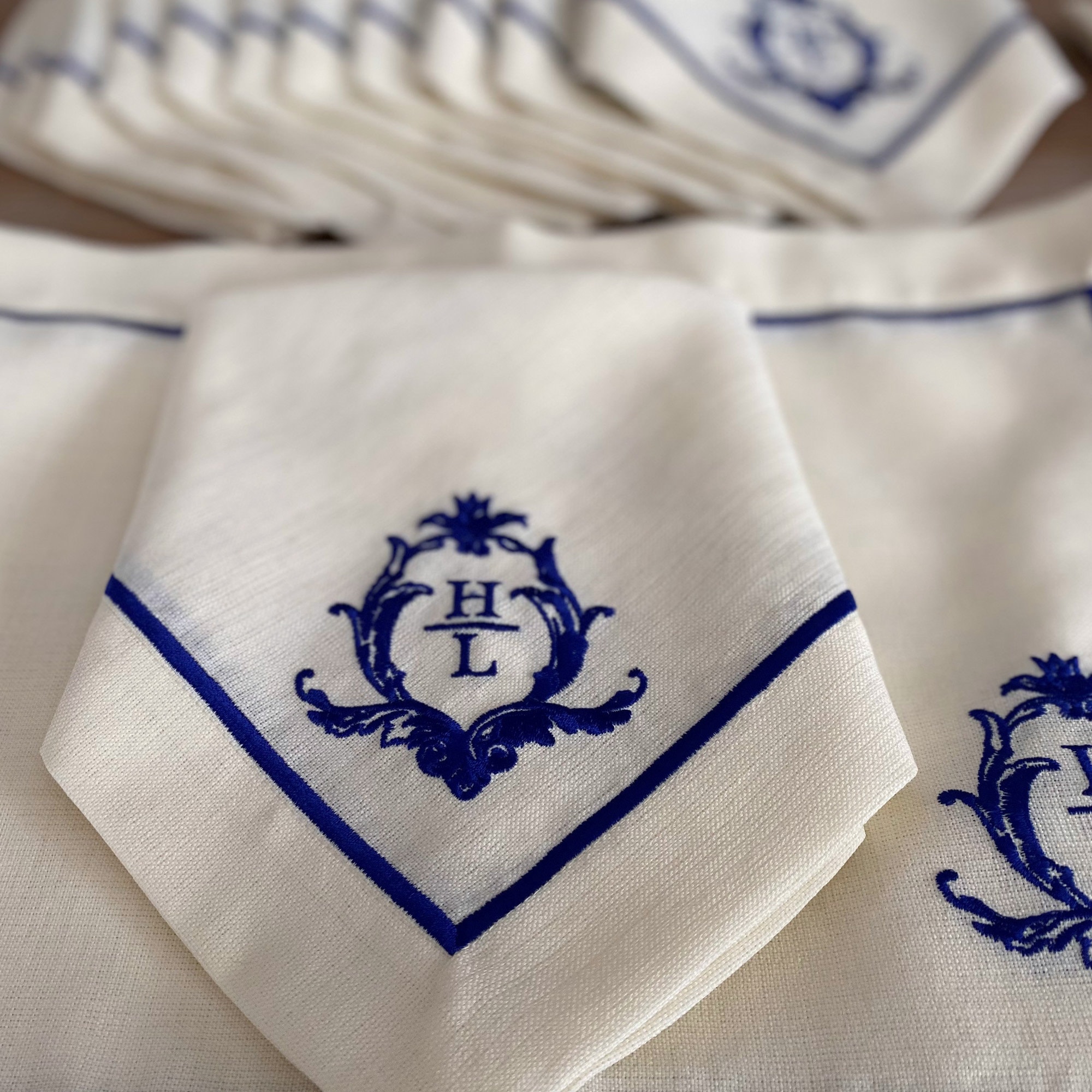 Personalized Embroidered Elegant Table Linen; Antique Rococo Monogram Embroidered Napkins, Placemats, Runner; Dinner and Wedding Table Decor