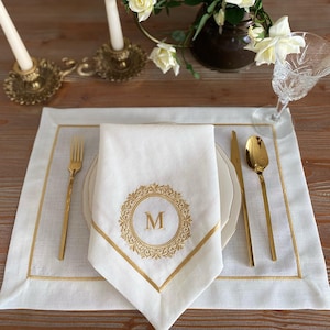 Custom Embroidered Polyester Napkin, Placemat & Table Runner Set with Vintage Gold Lace Monogram – Personalized Monogram Table Decor