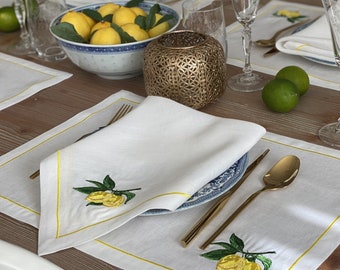 Elegant Table Linens with Yellow Lemons and Leaves Embroidery; Stylish Embroidered Napkins, Placemats and Table Runner; Dinner Table Decor