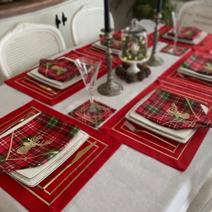 Christmas Table Linen Set Red Placemats, Tartan Plaid Napkins with Deer Embroidery, Red Coasters, Personalized Embroidered Red Table Runner image 2