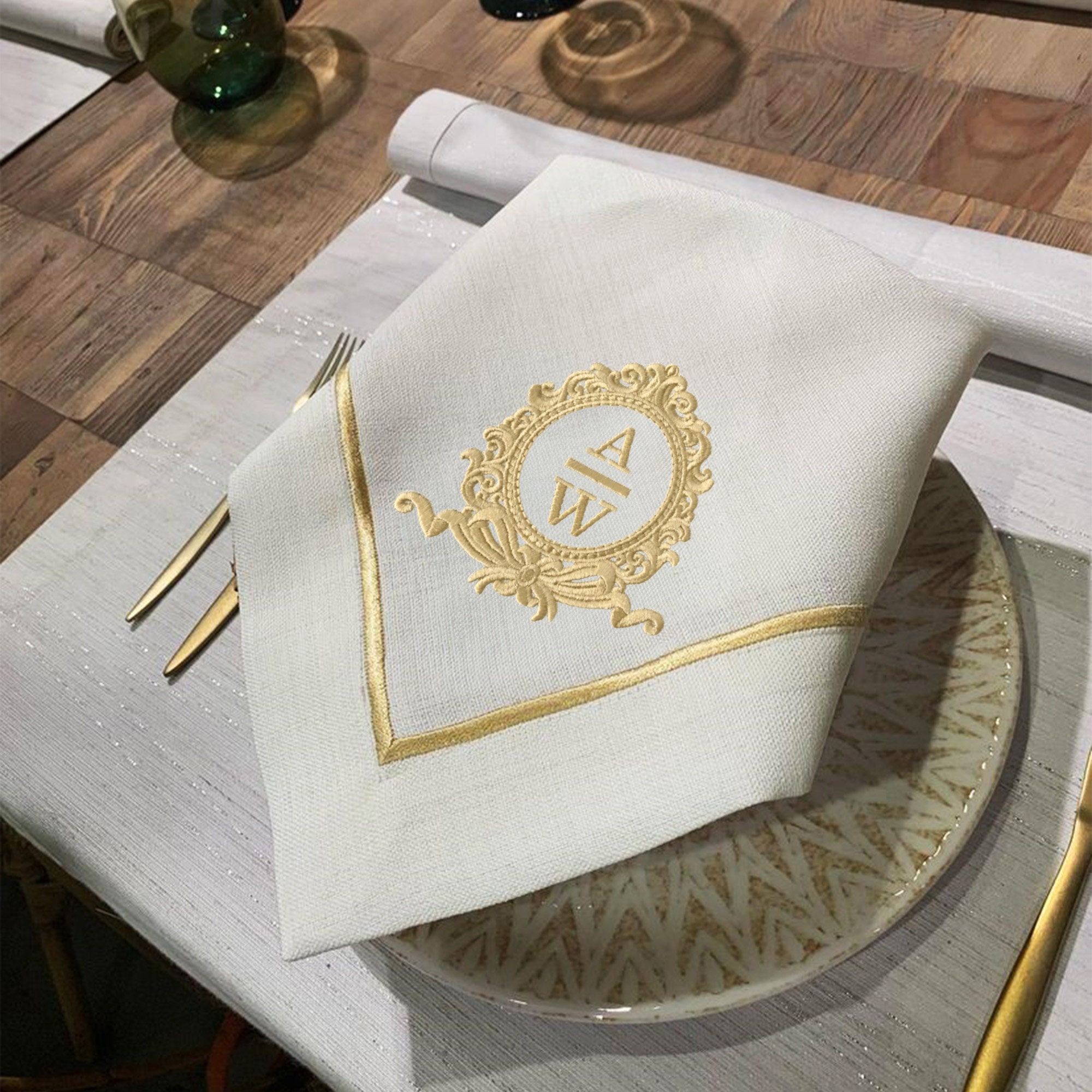 Personalized Embroidered Table Linen; Antique Rococo