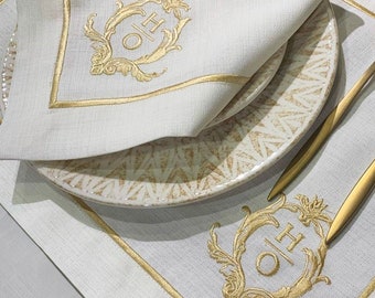 Personalized Embroidered Elegant Table Linen; Antique Rococo Monogram Embroidered Napkins, Placemats, Runner; Dinner and Wedding Table Decor