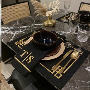 Custom Embroidered Greek Key Polyester Table Setting Set Including Personalized Napkins, Placemats & Table Runner