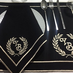 Personalized Embroidered Elegant Table Linen; Olive Wreath & Initials Embroidered Napkins, Placemats, Runner; Dinner and Wedding Table Decor