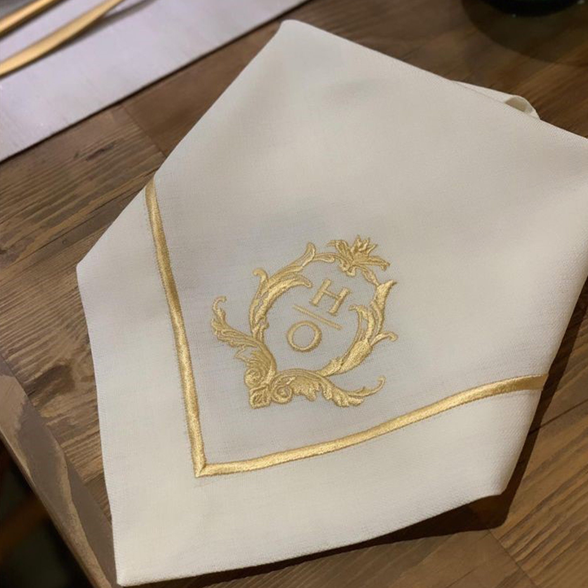 Personalized Embroidered Elegant Table Linen; Antique Rococo Monogram Embroidered Napkins, Placemats, Runner; Dinner and Wedding Table Decor