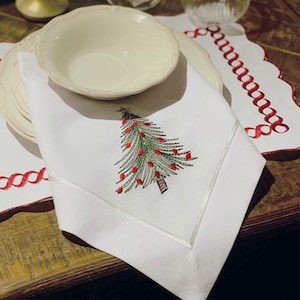 White Christmas Table Linen Set; Placemats, Napkins with Christmas Tree Embroidery and Table Runner; Christmas Dining Decor