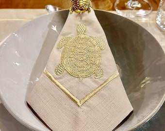 Elegant Sea Turtle Embroidered Table Linen; Unique Marine Themed Table Decor; Easy Care Embroidered Napkins, Placemats and Runner Set