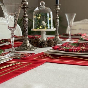 Christmas Table Linen Set Red Placemats, Tartan Plaid Napkins with Deer Embroidery, Red Coasters, Personalized Embroidered Red Table Runner image 4