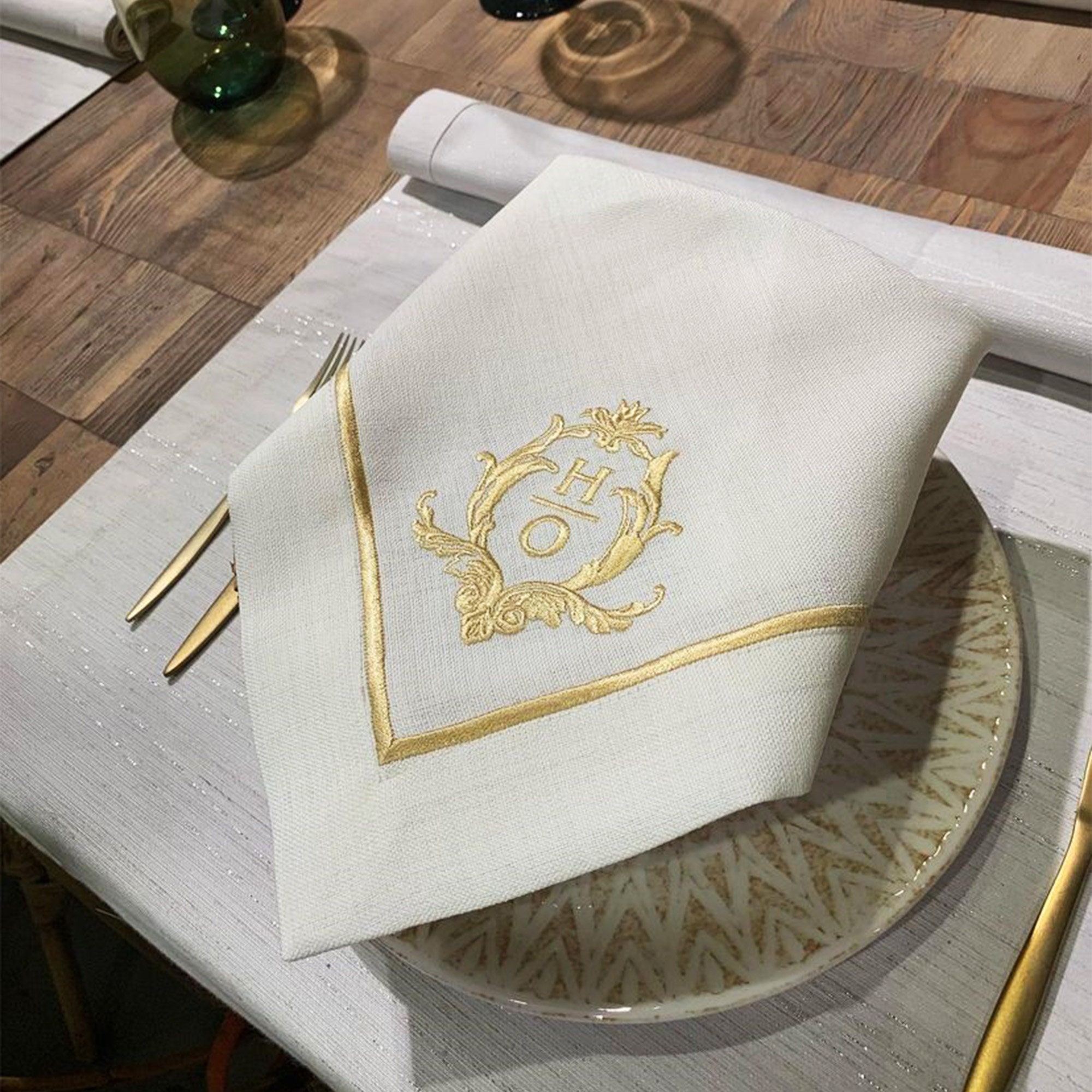 Personalized Embroidered Elegant Table Linen; Antique Rococo Monogram Embroidered Napkins, Placemats, Runner; Dinner and Wedding Table Decor