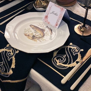 Personalized Embroidered Elegant Table Linen; Overlapping Monograms Embroidered Napkins, Placemats, Coasters and Runner; Dinner Table Decor