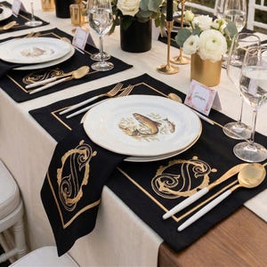 Mantel de poliéster bordado con monogramas superpuestos personalizados, disponible como servilletas individuales, manteles individuales, caminos de mesa o juego completo.