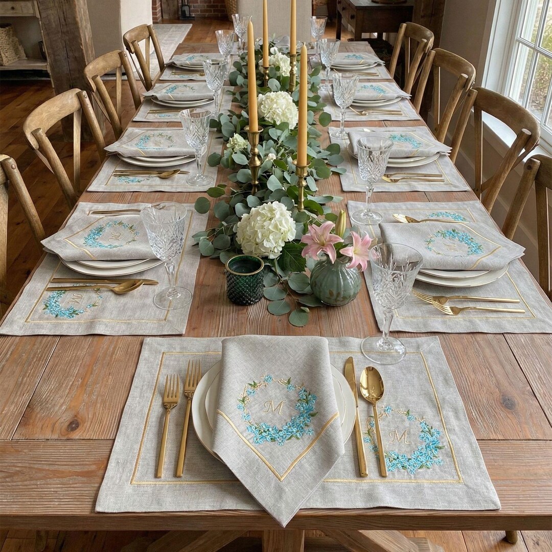 Linens In Table Setting Personalized 100% Linen Table Set With Embroidered Monogram, Forget Me ...