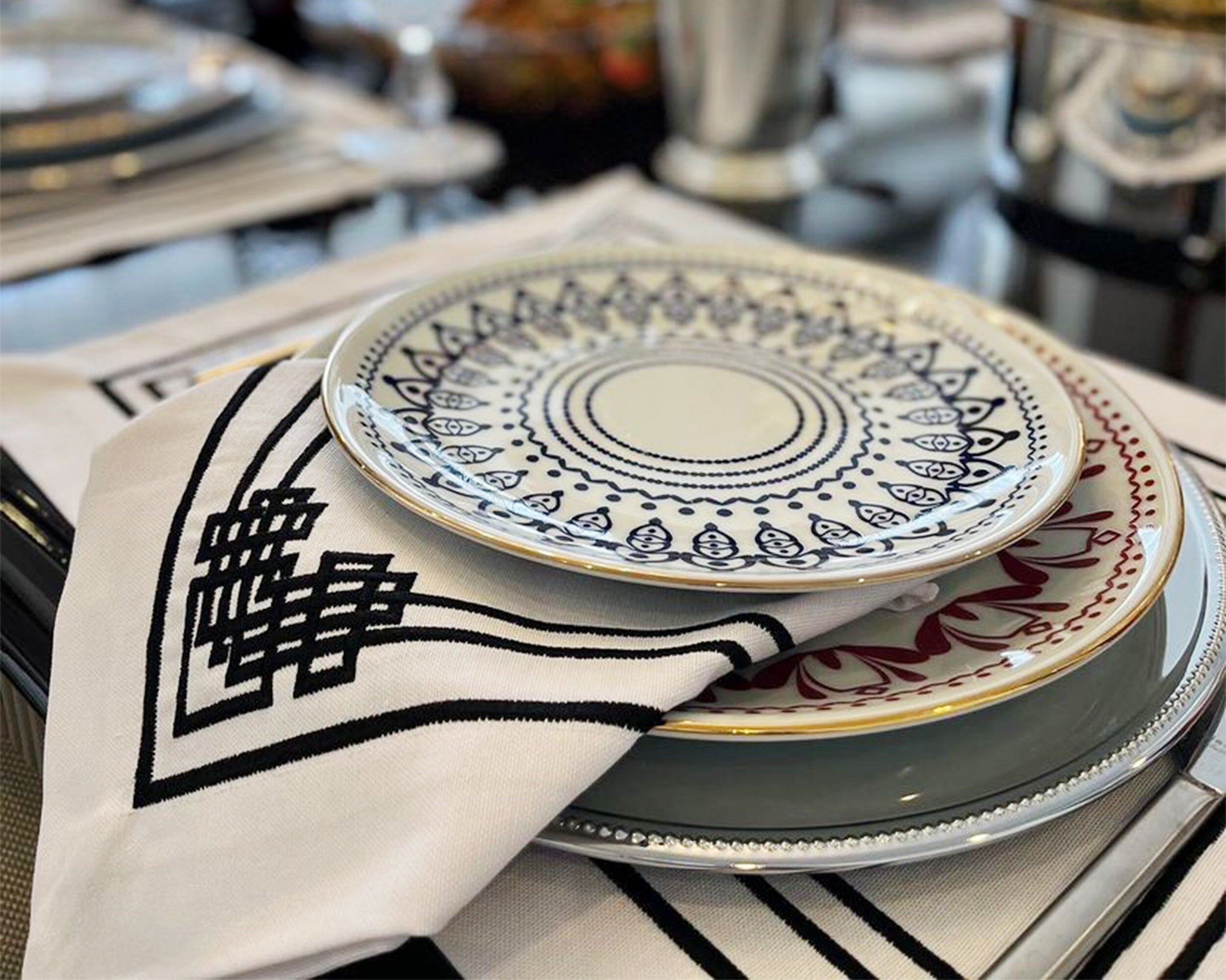 Elegant Labyrinth Patterned Embroidered Table Linen; Labyrinth-Inspired Embroidered Napkin, Placemat, Runner; Dinner and Wedding Table Decor