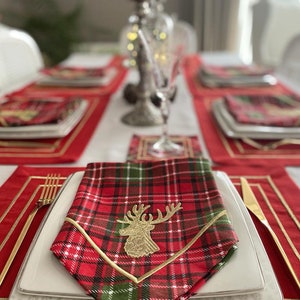 Christmas Table Linen Set Red Placemats, Tartan Plaid Napkins with Deer Embroidery, Red Coasters, Personalized Embroidered Red Table Runner image 1