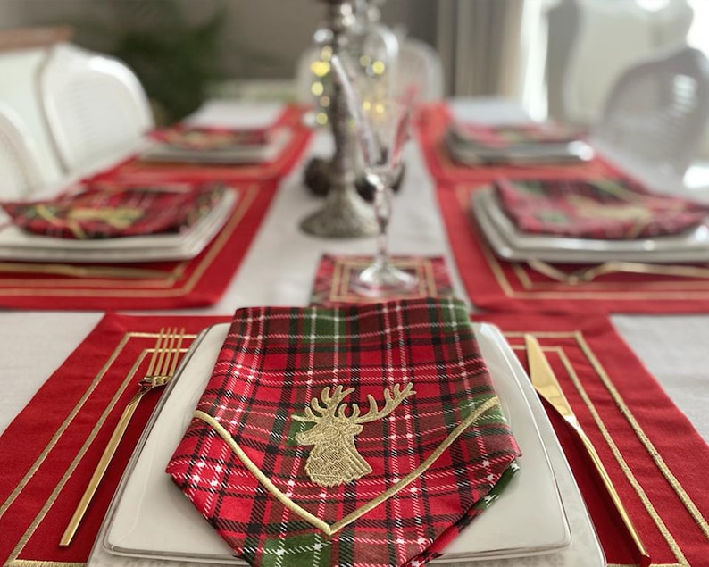Christmas Table Linen Set Red Placemats, Tartan Plaid Napkins with Deer Embroidery, Red Coasters, Personalized Embroidered Red Table Runner image 1