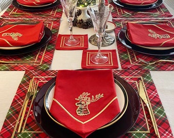 Christmas Table Linen Set; Tartan Plaid Placemats, Red Napkins with Deer Embroidery, Red Coasters, Personalized Embroidered Red Table Runner