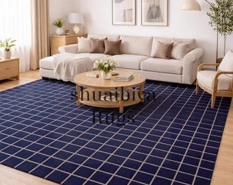 Alfombra de rejilla azul tejida a mano de 8x10 / Alfombra moderna de lana geométrica / Suave y mediana