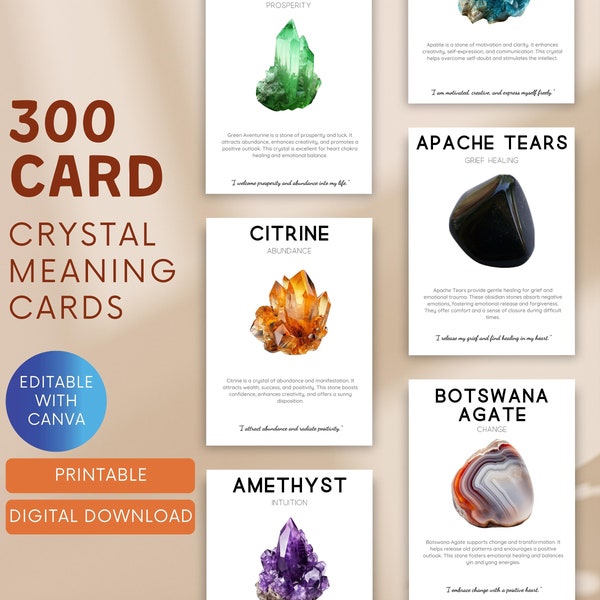 300 Printable Crystal Meaning Cards / Crystal Information Cards /  Crystal Properties / Printable Gemstone Cards / Gemstone Energies & Quote