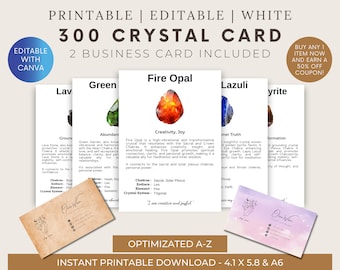Op de afbeelding: Printbare 300 kristallen kaarten met 2 visitekaartjes inbegrepen. De kaarten tonen verschillende kristallen met hun namen, eigenschappen en chakra-associaties. De kaarten zijn A-Z geoptimaliseerd en zijn beschikbaar voor directe download in de formaten 4.1 x 5.8 en A6.