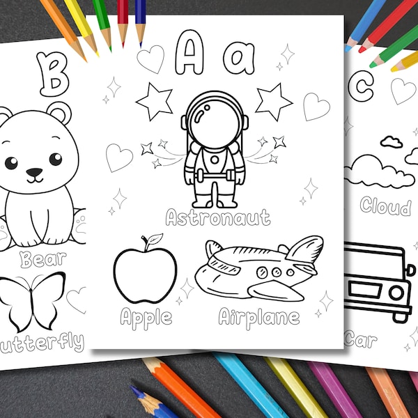 Printable Educational ABC  Alphabet Coloring Pages for Kids / 26 Coloring Pages for Toddler / Coloring Sheets Book / Improve Motor Skills