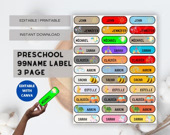 Etiquetas de útiles escolares preescolares imprimibles editables / Etiquetas de guardería / Etiquetas de regreso a la escuela / Etiqueta de nombre digital / Plantilla de etiqueta de nombre