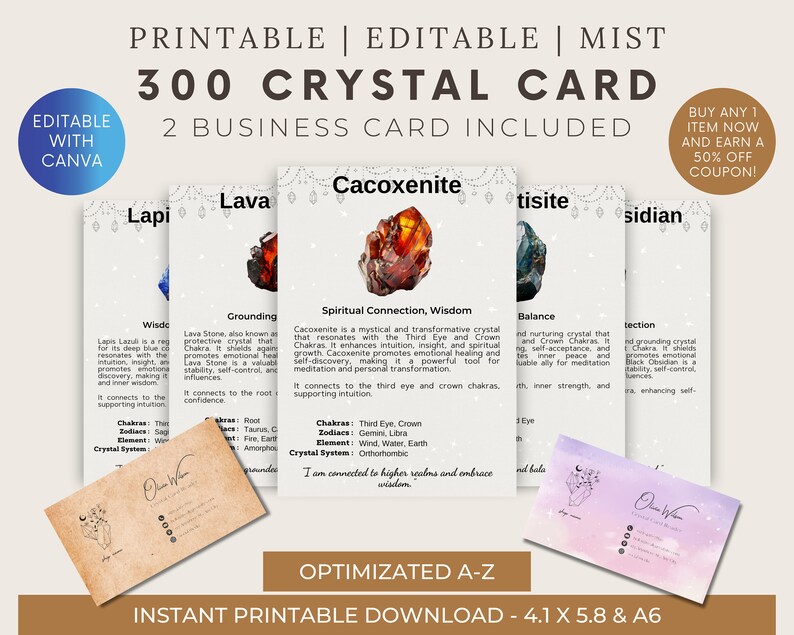 Printable Mist Card Mist - 300 Printable Crystal Meaning Cards / Crystal Information Cards ...
