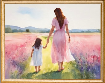 Une promenade à travers les yeux de maman, cadeau de fête des mères - Impression aquarelle de la mère et de ses deux filles Impression numérique de mes oeuvres d'art originales.