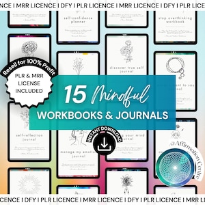 PLR MRR 15 Mindfulness-dagböcker, arbetsböcker och planerare Canva-redigerbara - Mindfulness Wellness Mental Health Coach Mrr Plr Dfy-resurser